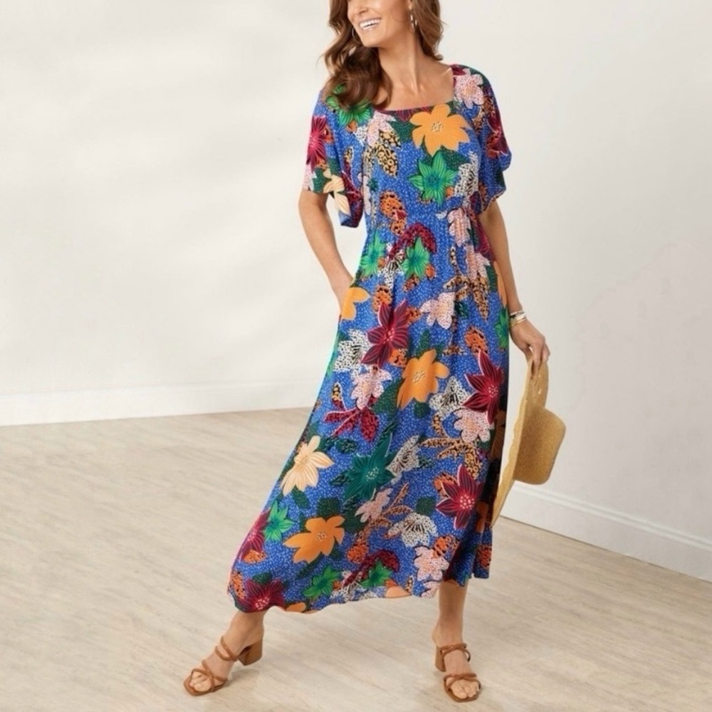 SOFT SURROUNDINGS Colorful Tropical Floral Midi Dress Simona XL Pretty Rayon
